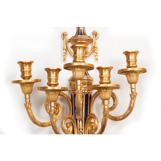 Gold Early 20th Century French Bronze Blue Painted Five-Light Antique Wall Sconces - a Pair For Sale - Image 8 of 13