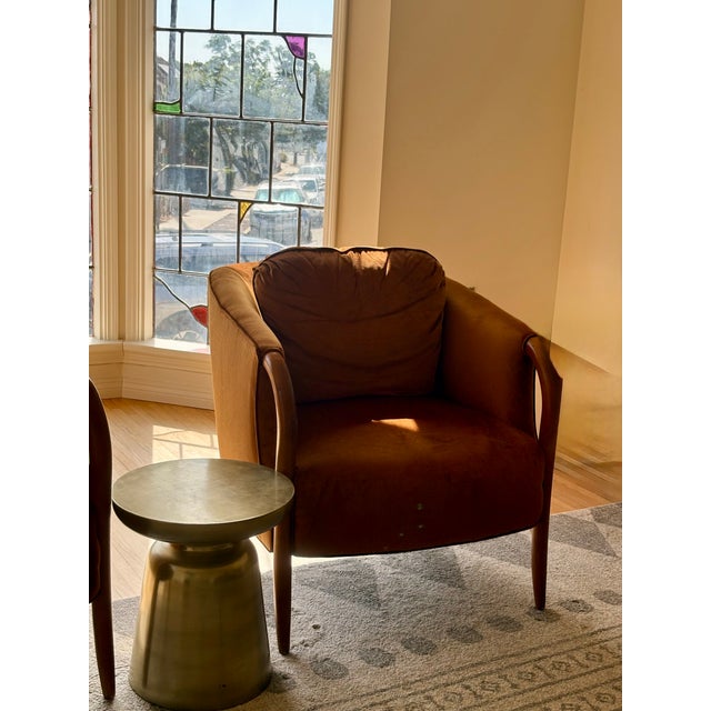 Wood Vintage Barrel Back Chairs in Amber Velvet, Carved Oak Arms – Pair For Sale - Image 7 of 9