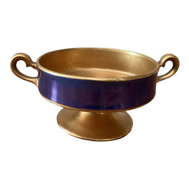 Vintage Gold and Blue Cobalt Enamel Bowl For Sale