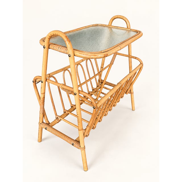 1970s Vintage Scandinavian Rattan Side Table with Magazine Rack and Glass Top, 1960s For Sale - Image 5 of 10