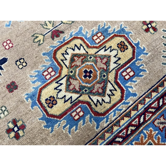 Beige Persian Style Kazak Wool Rug With Blue Border, 4'2" X 5'10" For Sale - Image 13 of 14