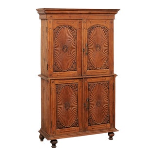 19th Century British Colonial Carved Teak Cabinet For Sale