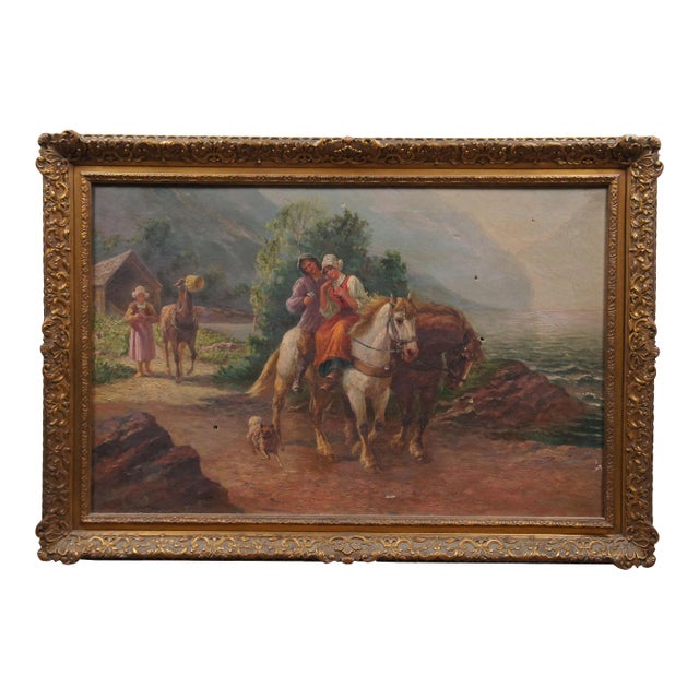 Antique Olaf Petersen Norwegian Horseback Landscape Oil Painting on Canvas For Sale