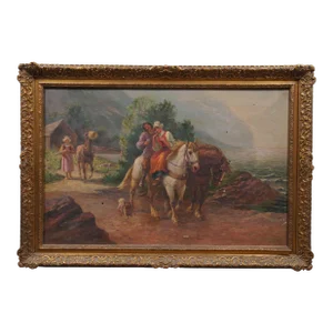 Antique Olaf Petersen Norwegian Horseback Landscape Oil Painting on Canvas