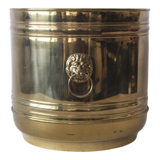 Vintage English Brass Lion Head Hoop Handles Planter Mid Century Hollywood Regency For Sale
