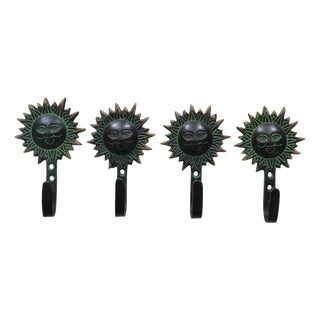 Bohemian Sun Green Brass Wall Hooks - Set of 4 For Sale