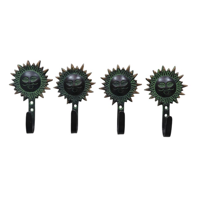 Bohemian Sun Green Brass Wall Hooks - Set of 4 For Sale