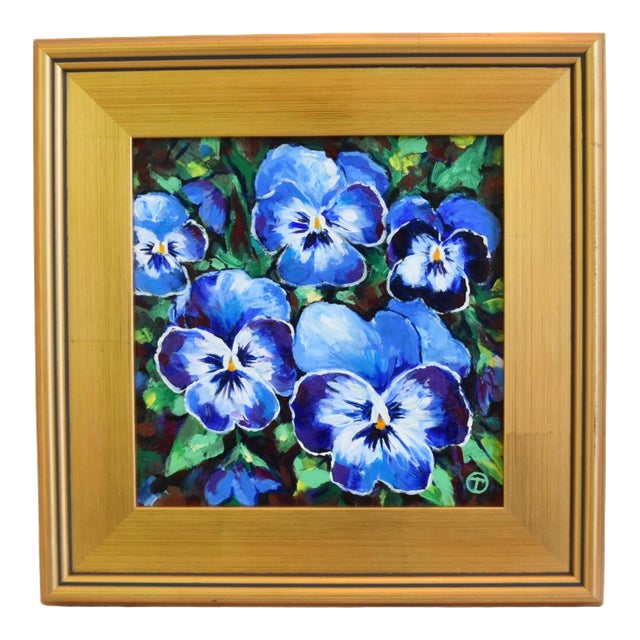 Original Blue Pansies Floral Painting Including the Antiqued Gold Wood Frame For Sale
