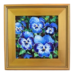 Original Blue Pansies Floral Painting Including the Antiqued Gold Wood Frame