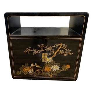 Vintage Chinese Asian Chinoiserie Floral Cabinet ~ Black Lacquered Side Table For Sale