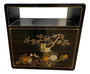 Vintage Chinese Asian Chinoiserie Floral Cabinet ~ Black Lacquered Side Table