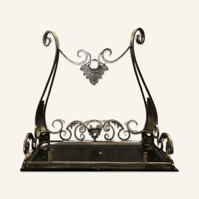1940s Heavy Wrought Iron Scrollwork Pier Table With Wood and Tooled Leather Top and Brass Acanthus Leaf Decoration For Sale - Image 6 of 6