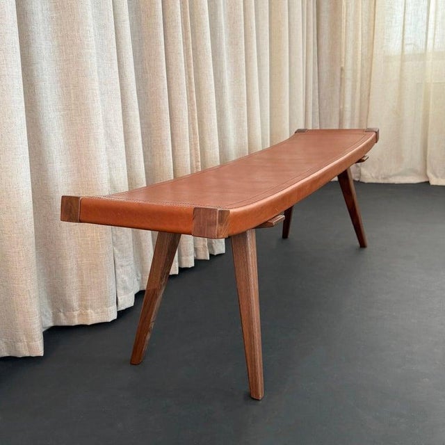 Auburn Mid-Century Modern Style Custom Leather and Walnut Bench For Sale - Image 8 of 9