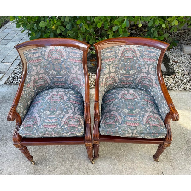 Vintage Hickory Chair Regency Mahogany Armchairs With Original James River Upholstery, Pair For Sale - Image 9 of 12