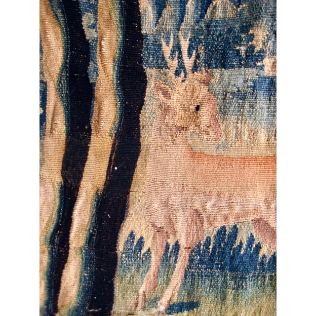 French Country Flemish Tapestry Verdure Two Deers and a Castel Circa 1700 Hundreds For Sale - Image 3 of 13