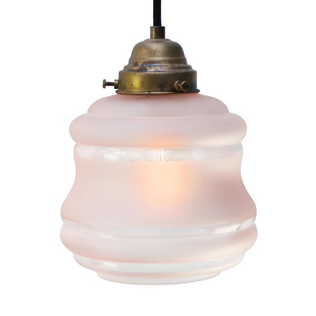 Mid-Century Modern French Reeded Pink Coloured Glass Pendant Lamp For Sale - Image 3 of 6