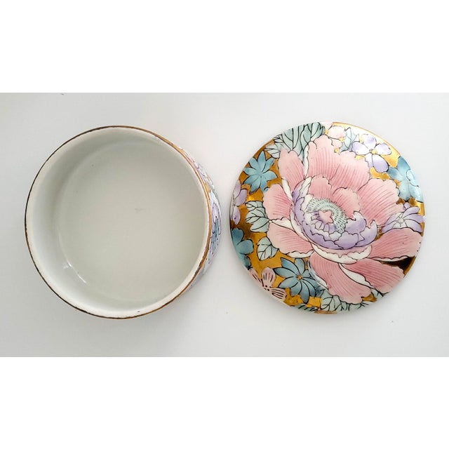 Metal Vintage Golden Peony Hand Painted Chinese Porcelain Box Signed For Sale - Image 7 of 9