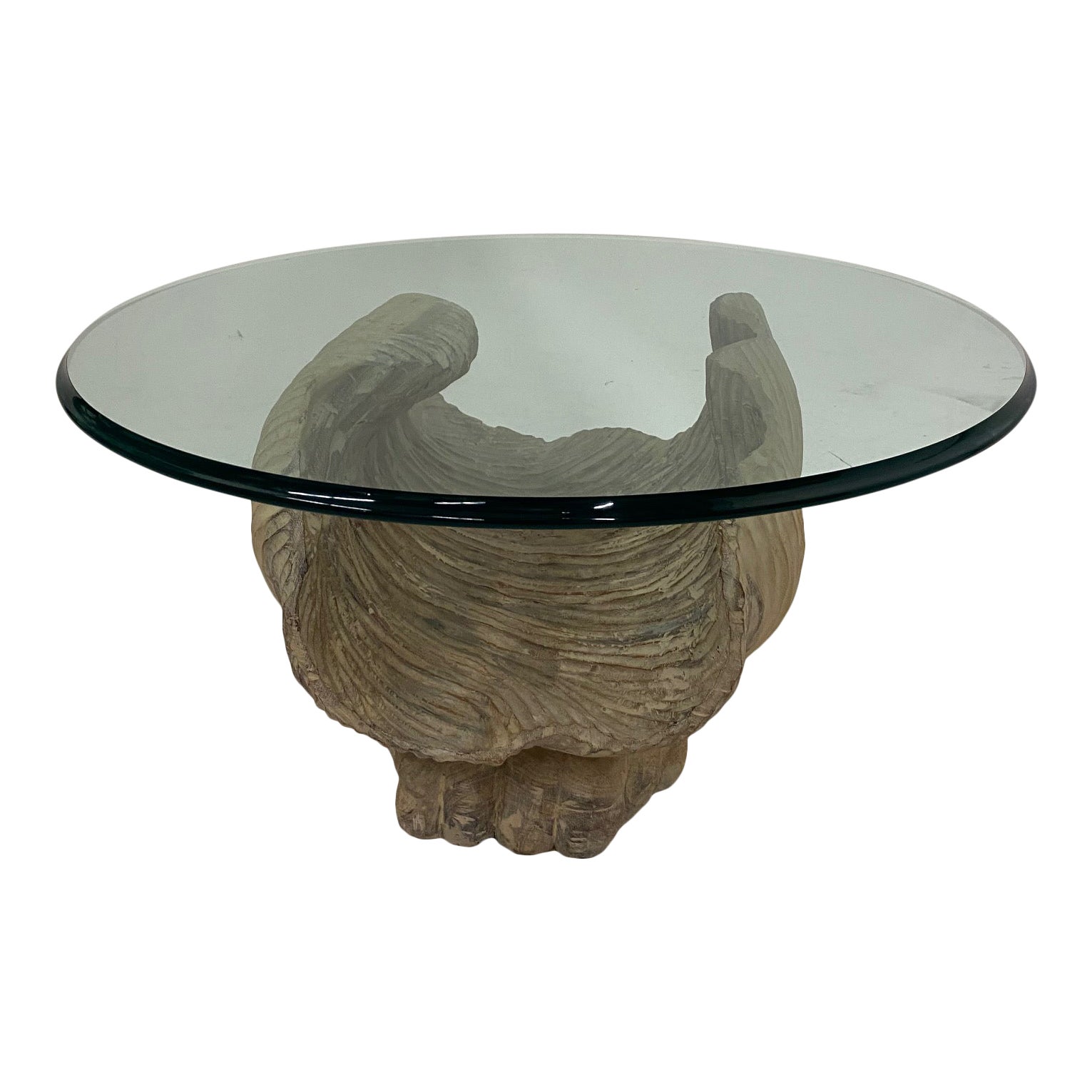 Italian Carved Wood Shell Base Coffee Table With Round Glass Top | Chairish