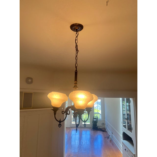 1920s Spanish Revival Cast Metal Three-Light Chandelier With Frosted Glass Shades For Sale In Los Angeles - Image 6 of 6