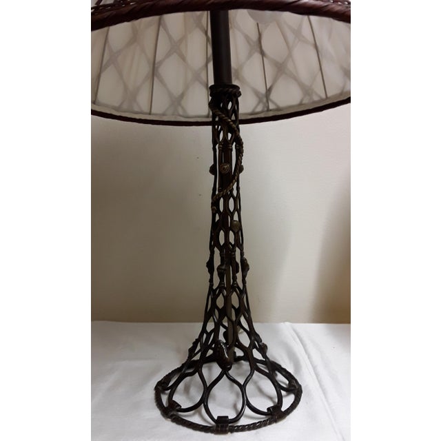 1980s Large Vintage Table Lamp with a Metal Foot in a Braided Look and a Fabric -Related Pipe Mesh Screen, 1980s For Sale - Image 5 of 10