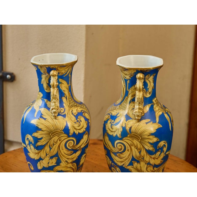 Ceramic Pair of English 1840s Mason’s Ironstone Lidded Vases With Blue & Gilt Scrollwork For Sale - Image 7 of 9