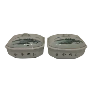 Pair of Antique Chinese Porcelain Trinket Boxes, Hand Painted Painting/Calligraphy Signed