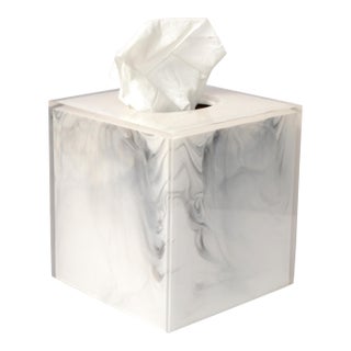 Vintage White Faux Marble Lucite Encased Tissue Box Cover Boutique Box For Sale