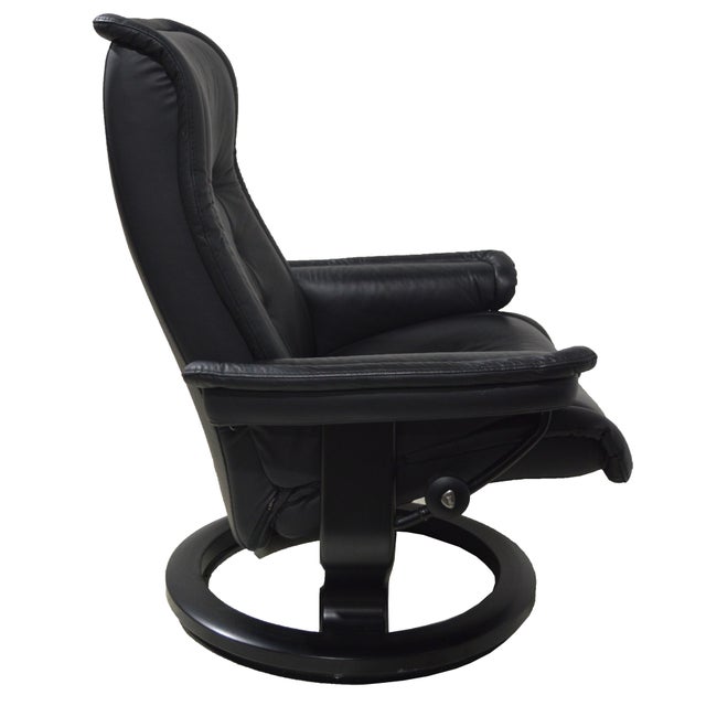 Wood Ekornes Black Leather Stressless Lounge Chair With Ottoman For Sale - Image 7 of 12