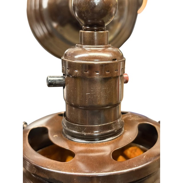 1910s Pair Patinated Brass Lantern Sconces With Amber Mica Inserts For Sale - Image 5 of 7