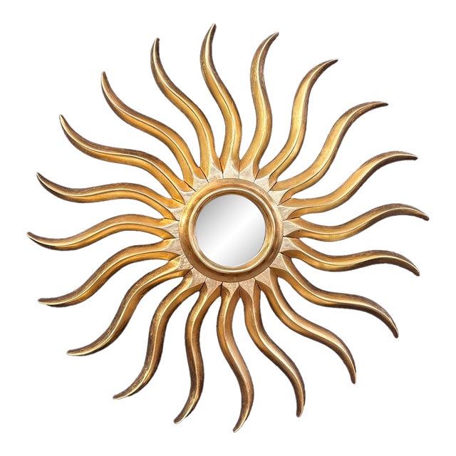 Art Nouveau Sunburst Mirror, Hand-Carved Giltwood, Gold Leaf, Spain, 120 Cm For Sale