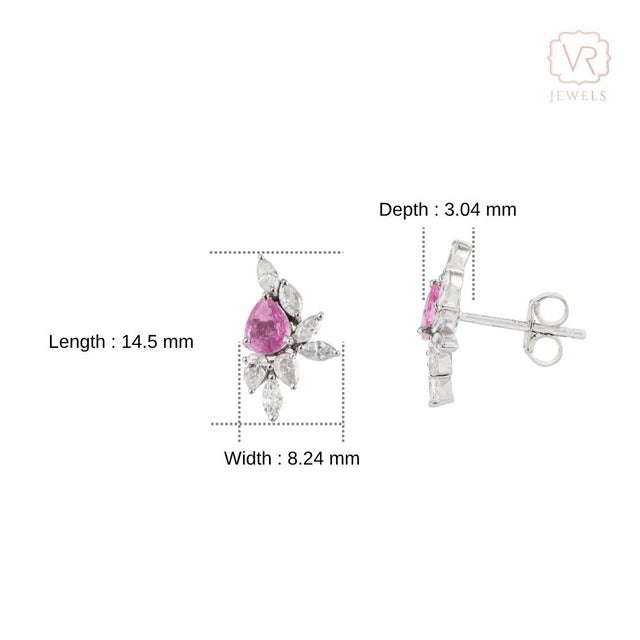 14k Gold Natural Pink Sapphire & Diamond Artistic Cluster Stud Earrings- A Pair For Sale - Image 11 of 14