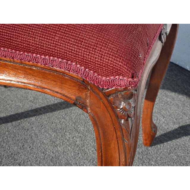 Burgundy Vintage French Provincial Burgundy Needlepoint Tapestry Bench W Floral Design For Sale - Image 8 of 13