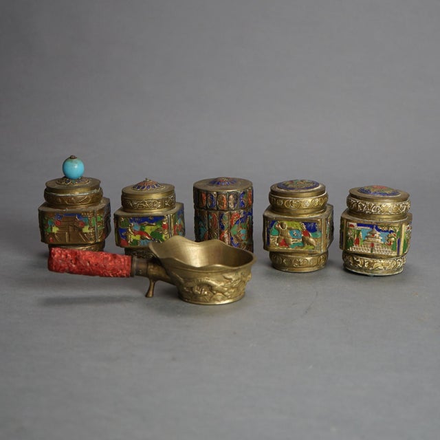 Chinese Antique Chinese Bronze and Enameled Scent Jars C1920 - Set of 6 For Sale - Image 3 of 12