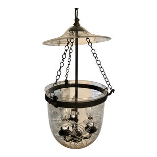 1990s Hundi Glass 3 Lights Hand Blown Etched Glass Foliage Bell Jar Lantern Chandelier For Sale