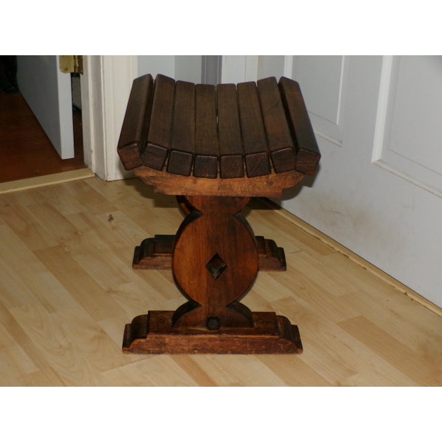 Vintage Slat Bench Solid Wood Trestle Stool Vanity Chair Rustic Cabin Decor For Sale In Boston - Image 6 of 12
