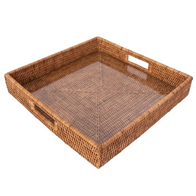 Boho Chic Artifacts Rattan Square Serving Ottoman Trays with Glass Insert in Brown, Small For Sale - Image 3 of 3