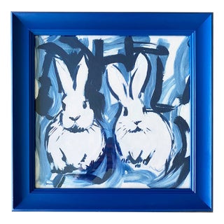 Blue Bunny Painting Original Art Framed Gold, Bunny Wall Art, Rabbit Painting Acrylic, Preppy Chinoiserie Decor, Small Framed Art For Sale