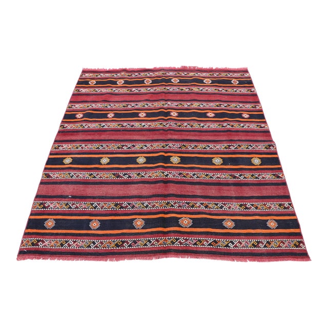 1960s Striped Dowry Handmade Mid Century Modern Handmade Kilim Rug For Sale