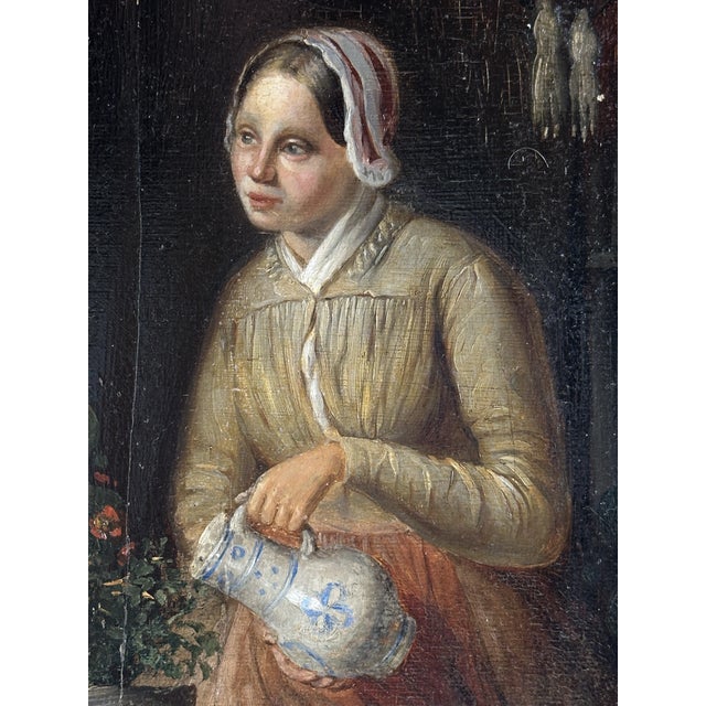 Mid 18th Century Girl by the Window with Delft Jug, 1750, Oil & Wood For Sale - Image 5 of 9