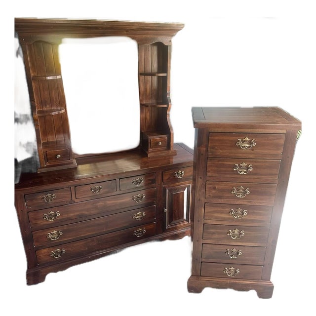 Vintage Sears Open Hearth 2-Piece Bedroom Set - Dresser With Hutch & Lingerie Chest For Sale