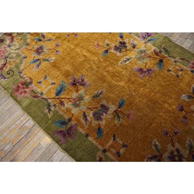 1920s Yellow Gold Floral Antique Chinese Art Deco Carpet 4' X 6'6'' Knotted Wool Rug For Sale In New York - Image 6 of 8