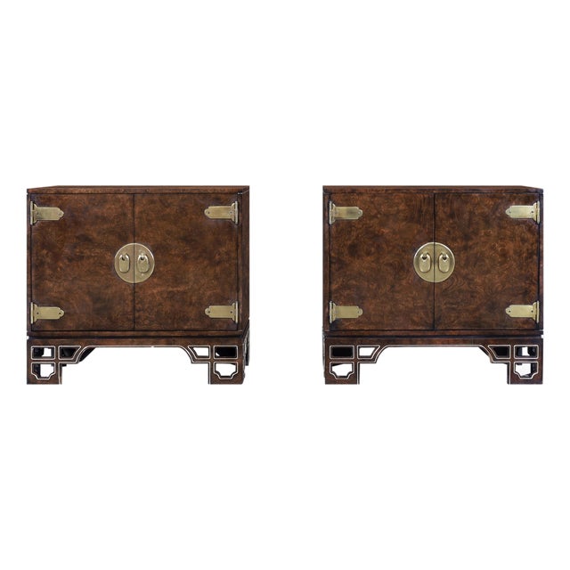 Vintage Asian-Style Burl Wood and Brass Cabinets by Mastercraft, a Pair For Sale