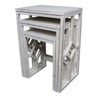 Set of 3 Distressed White Geometric Nesting Tables For Sale