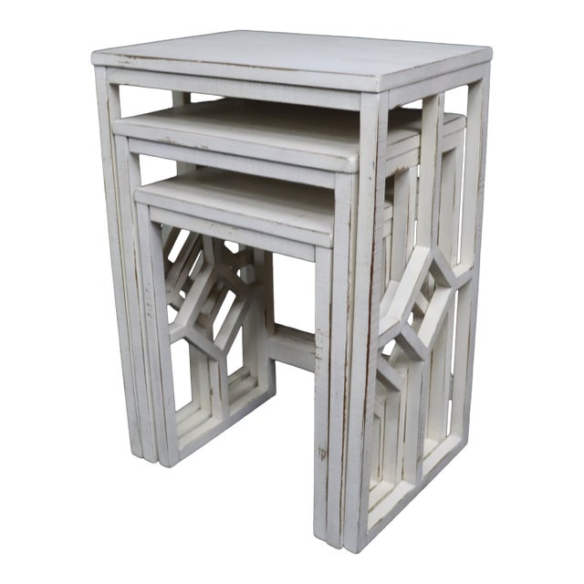 Set of 3 Distressed White Geometric Nesting Tables For Sale