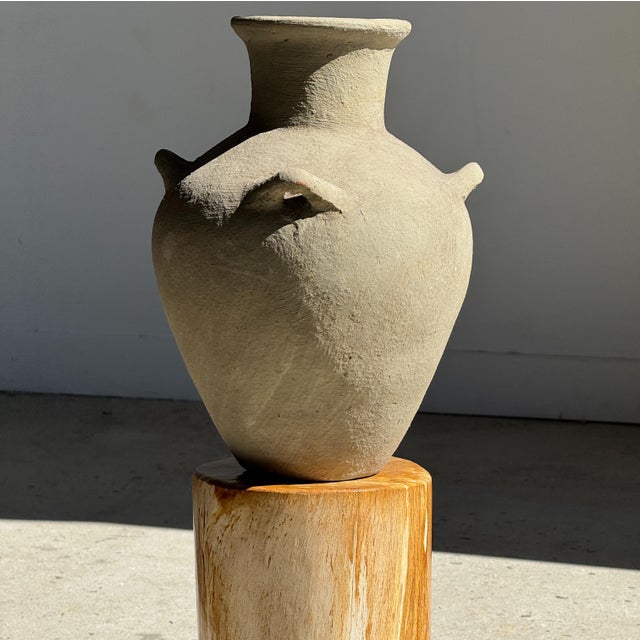 Indonesian Light Grey-Beige Terracotta Vase with 4 Small Handles and a Tall Neck For Sale - Image 3 of 18