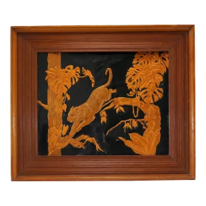 Framed Vintage Mid Century Copper Relief Tiger Split Leaf Philodendron Picture
