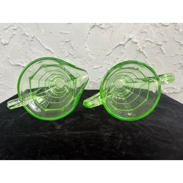 Glass 1930s Art Deco Indiana Glass Uranium Green Creamer & Sugar Set With Caddy – Depression Glass - 3pcs For Sale - Image 7 of 11