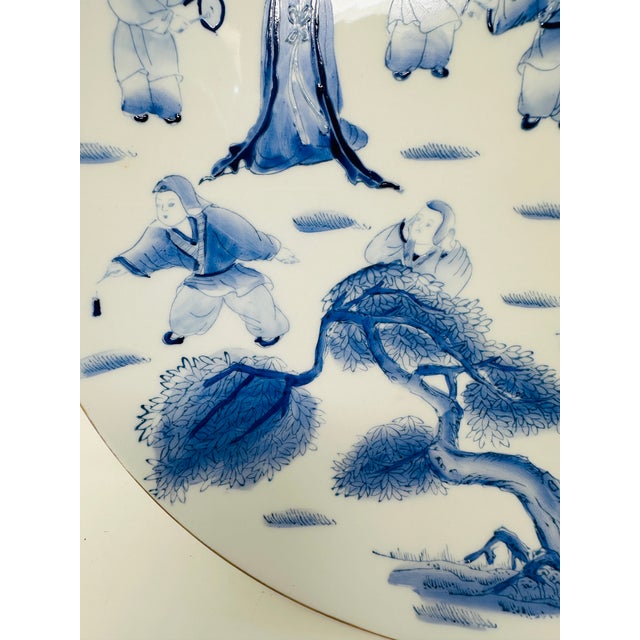 Large 12.5" Chinoiserie Blue & White Porcelain Charger - Hand-Painted "Children at Play" Motif - Vintage 1980s Macau Export Art For Sale - Image 4 of 9
