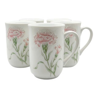 1980s Vintage Japanese Otagiri Porcelain Pink Carnation Mugs - Set of 5 For Sale
