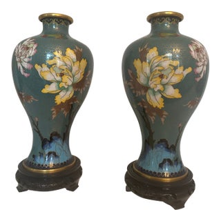 1920s Pair of Cloisonné Vases With Carved Bases For Sale